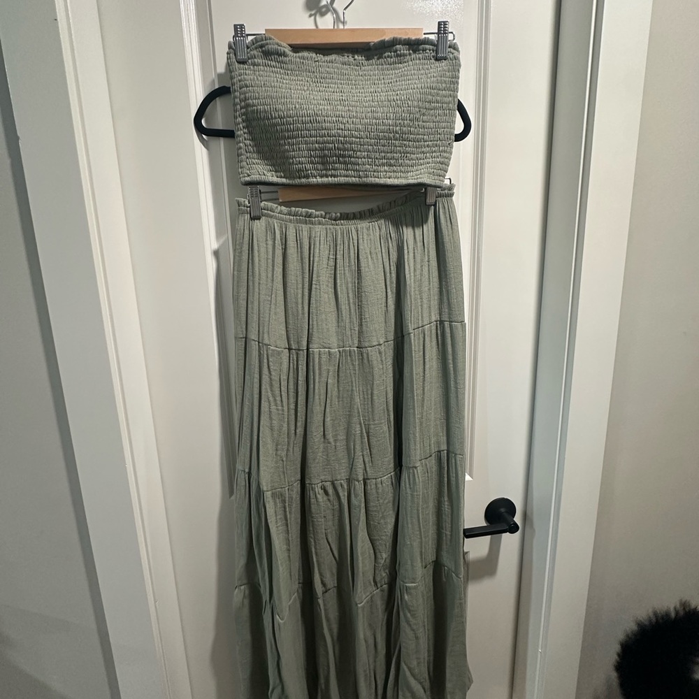 Green Two-Piece Smocked Top and Skirt Set